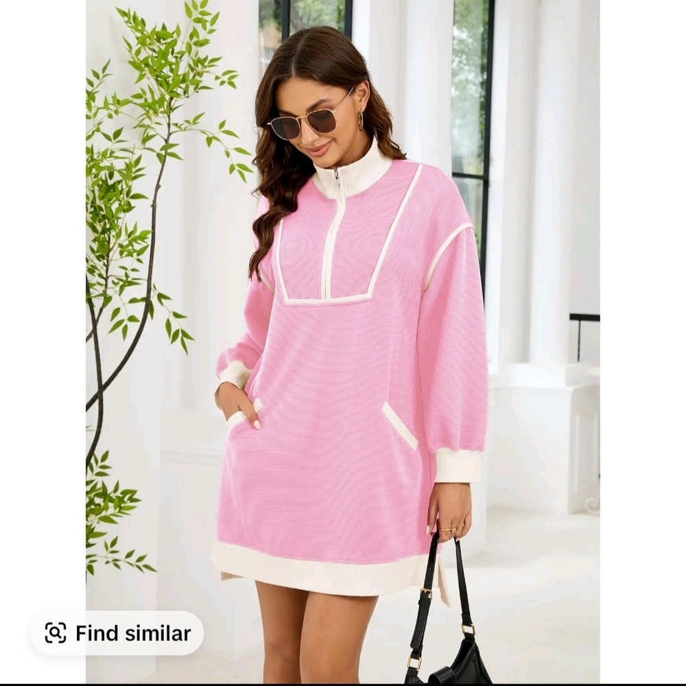 Pink and White Long Sleeve Dress